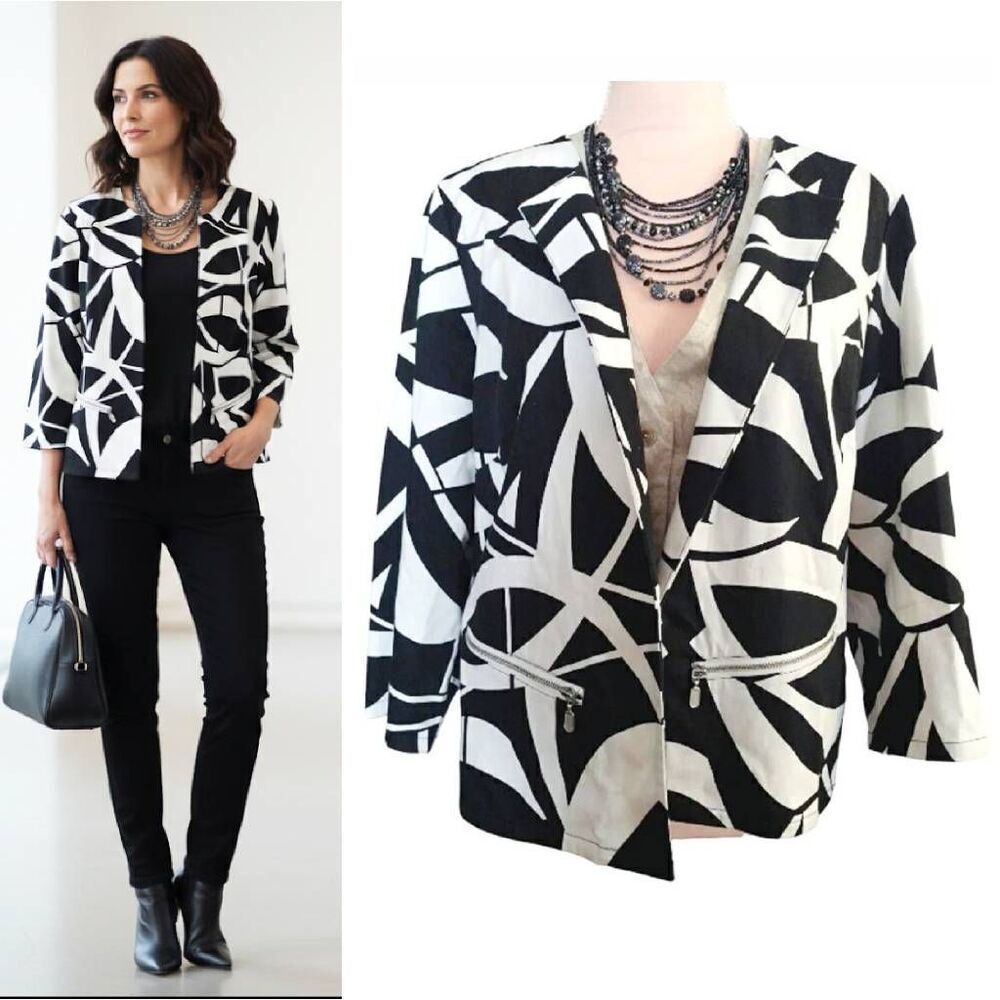 Chico's Black White Geo Print Open Front Quarter Sleeve Cotton Stretch Jacket L